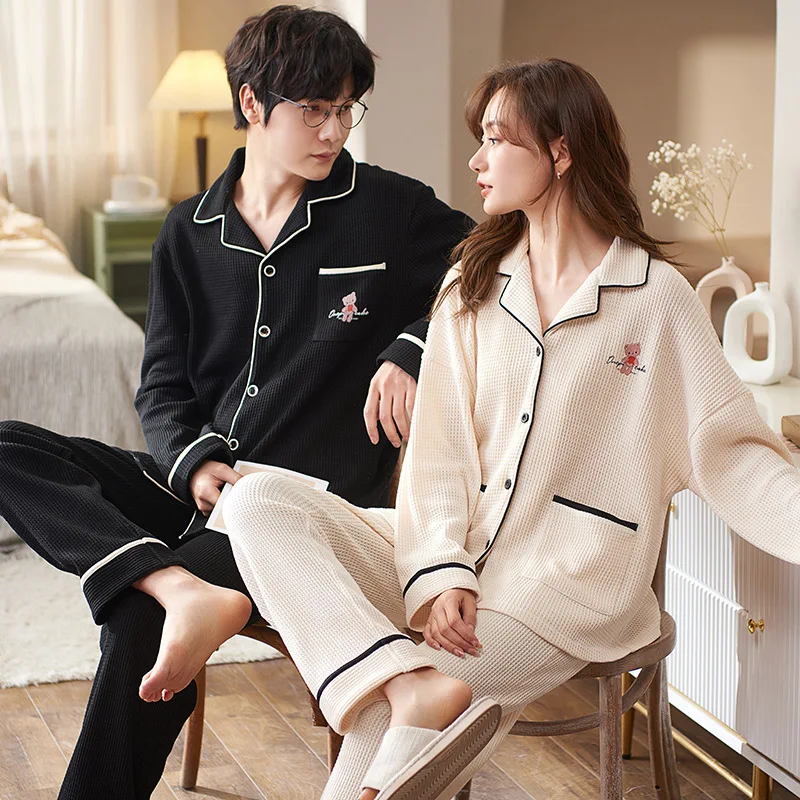 Couple Pajamas Men and Women Cotton Sleepwear Turn-down Collars Long Sleeve Pants Pyjama Sets Solid Autumn Winter Nightwear Suit