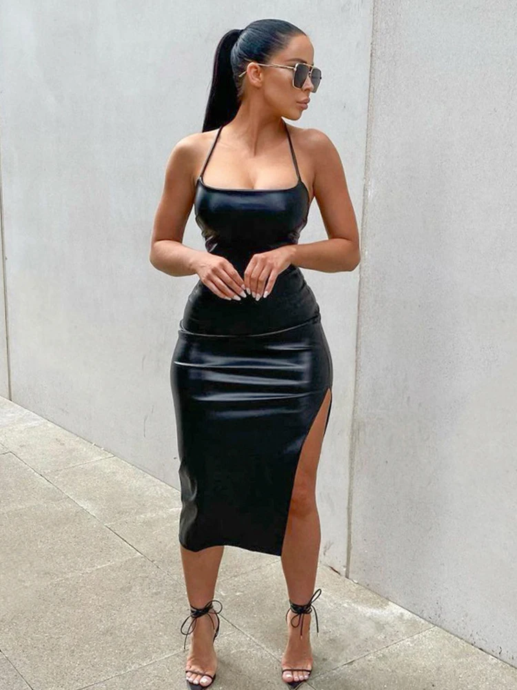 

Bandage Backless Pu Leather Dress Sexy Slim Split Party Dress Clubwear Slash Neck Sleeveless Midi Dresses For Women 2022