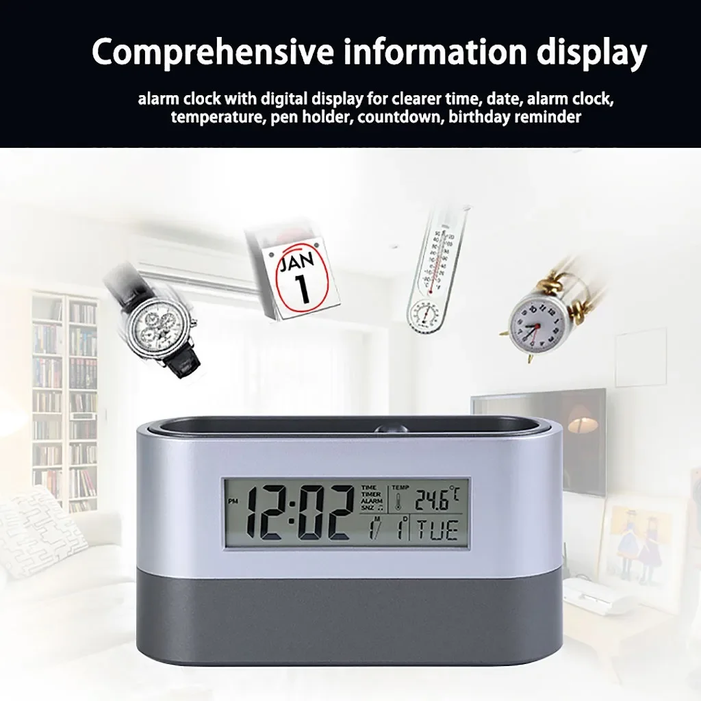 

Efficiently Plan Your Days With This Digital Pen Holder Alarm Clock Featuring Calendar And Temperature Display