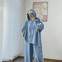 Costume musulman pour femmes, haut à capuche, pantalon à jambes larges, ensemble 2 pièces, sweat-shirt à capuche, tenues sportives à rayures, survêtement 3