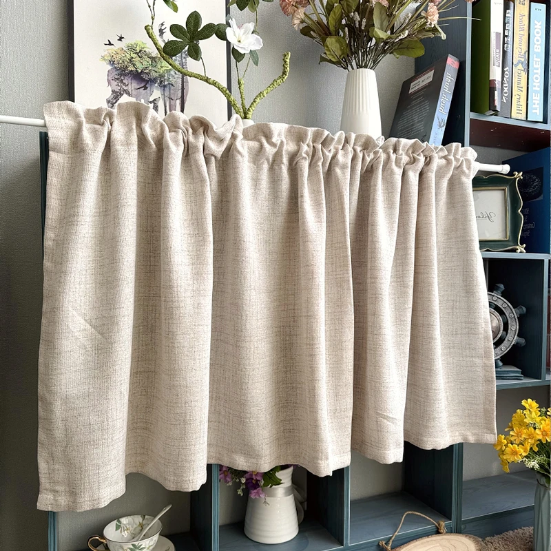 거실 침실을위한 가짜 리넨 베이지 커튼 소박한 농가 커튼 세미 쉬어 삼베 질감 캔버스 천으로 짧은 커튼