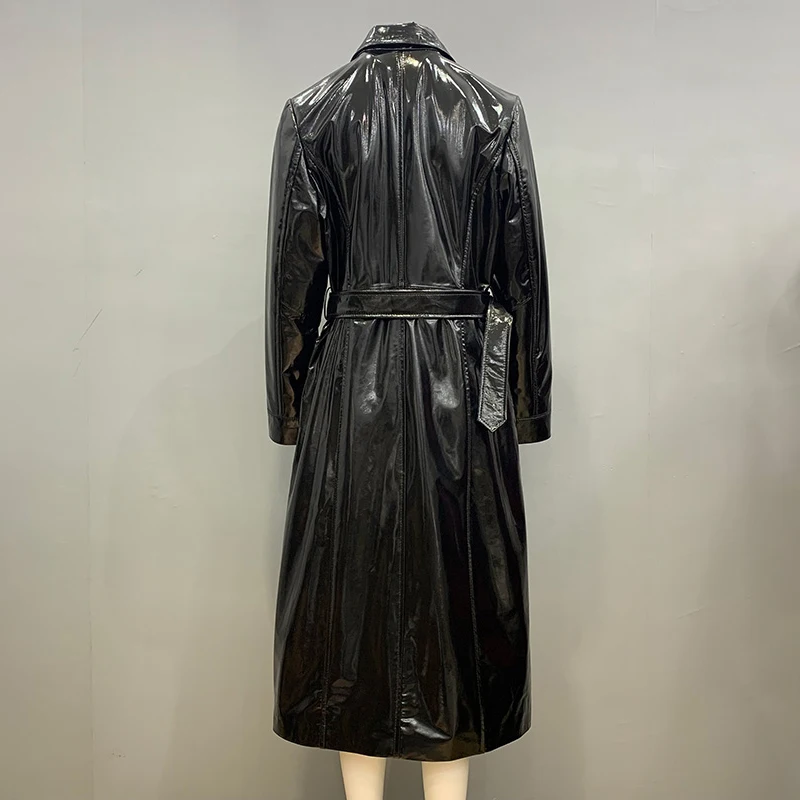 Women Leather Coat Long Windbreaker Belt Solid Genuine Leather Trench Overcoat Fur Collar Cuff Streetwear 2022 New Winter 7930A