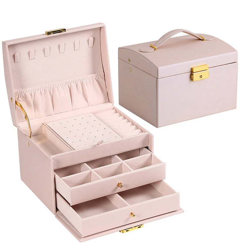 Drawer Style Jewelry Box Organizer Multi-Functional Three Layer Leather Earrings Ring Necklace Jewelry Display Storage Box