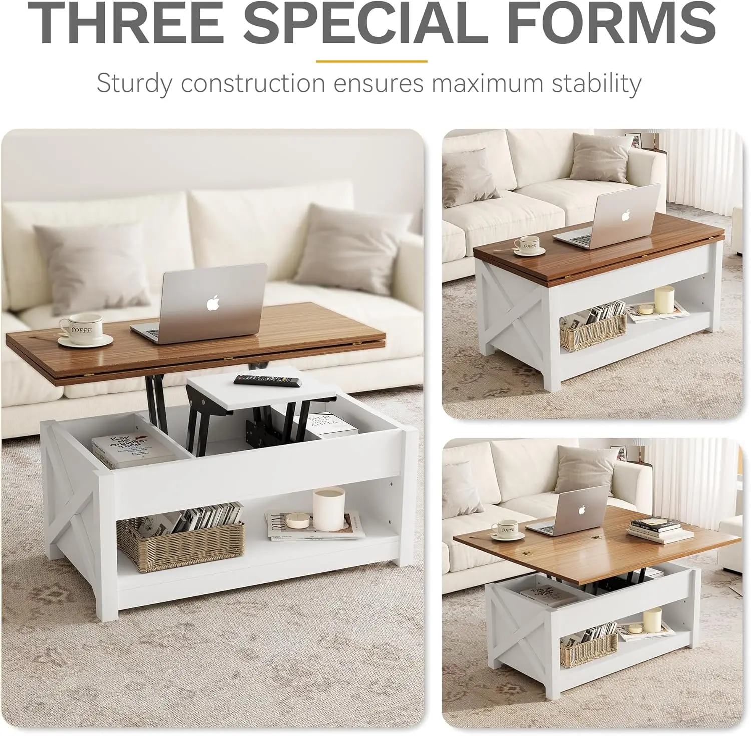 DWVO Coffee Table with Lifting Top, Multifunctional Coffee Table with Storage, Center Table with Hidden Compartment for Living R 3