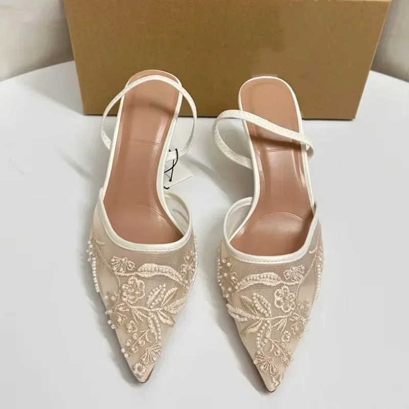 Brand Designer White Women Wedding Pumps Mesh Embroidered Flowers Back Strap Sexy Slingback High Heel Dress Shoes for Ladies 2