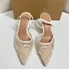 Brand Designer White Women Wedding Pumps Mesh Embroidered Flowers Back Strap Sexy Slingback High Heel Dress Shoes for Ladies 2