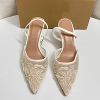 Brand Designer White Women Wedding Pumps Mesh Embroidered Flowers Back Strap Sexy Slingback High Heel Dress Shoes for Ladies 2