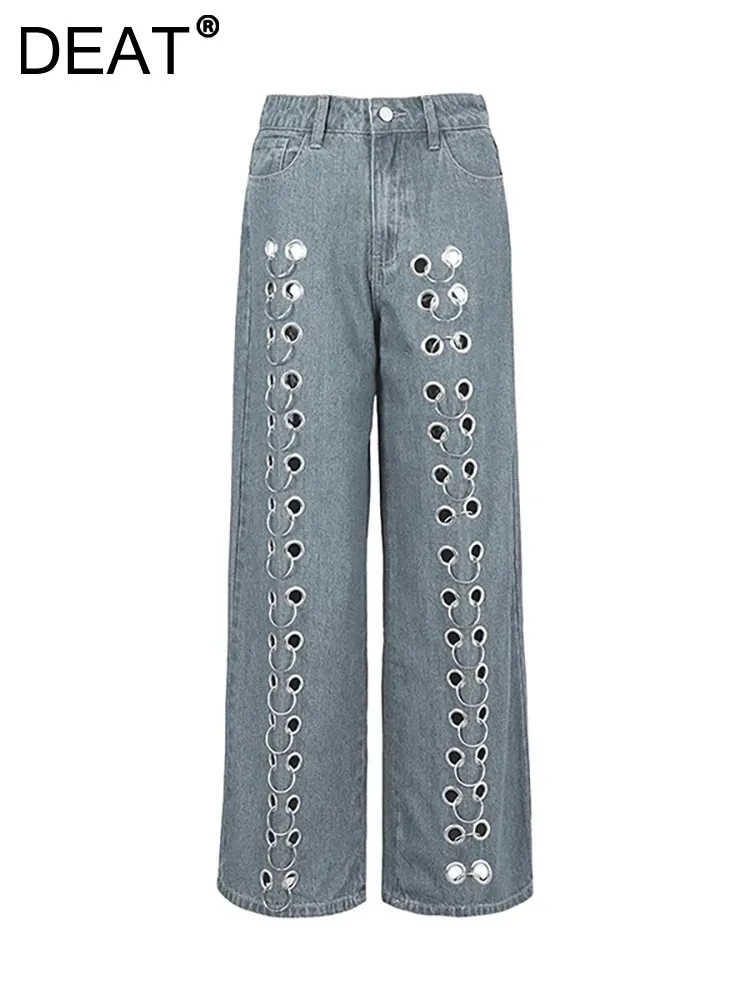 

DEAT Women's Denim Pants Low Waist Metal Buckle Ring Blue Hollow Out Straight Loose Cool Jeans 2023 Autumn New Fashion 19F2031