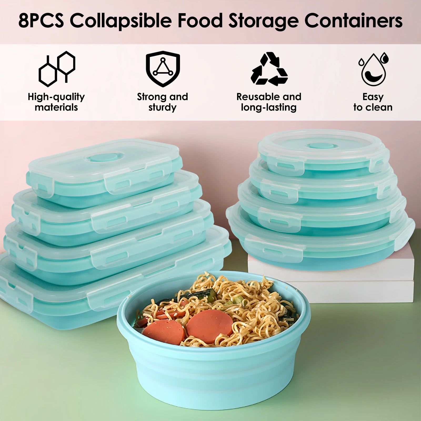 8Pcs Collapsible Food Storage Containers with Lids Reusable Silicone Square  Round Lunch Stackable Box for Kitchen - AliExpress