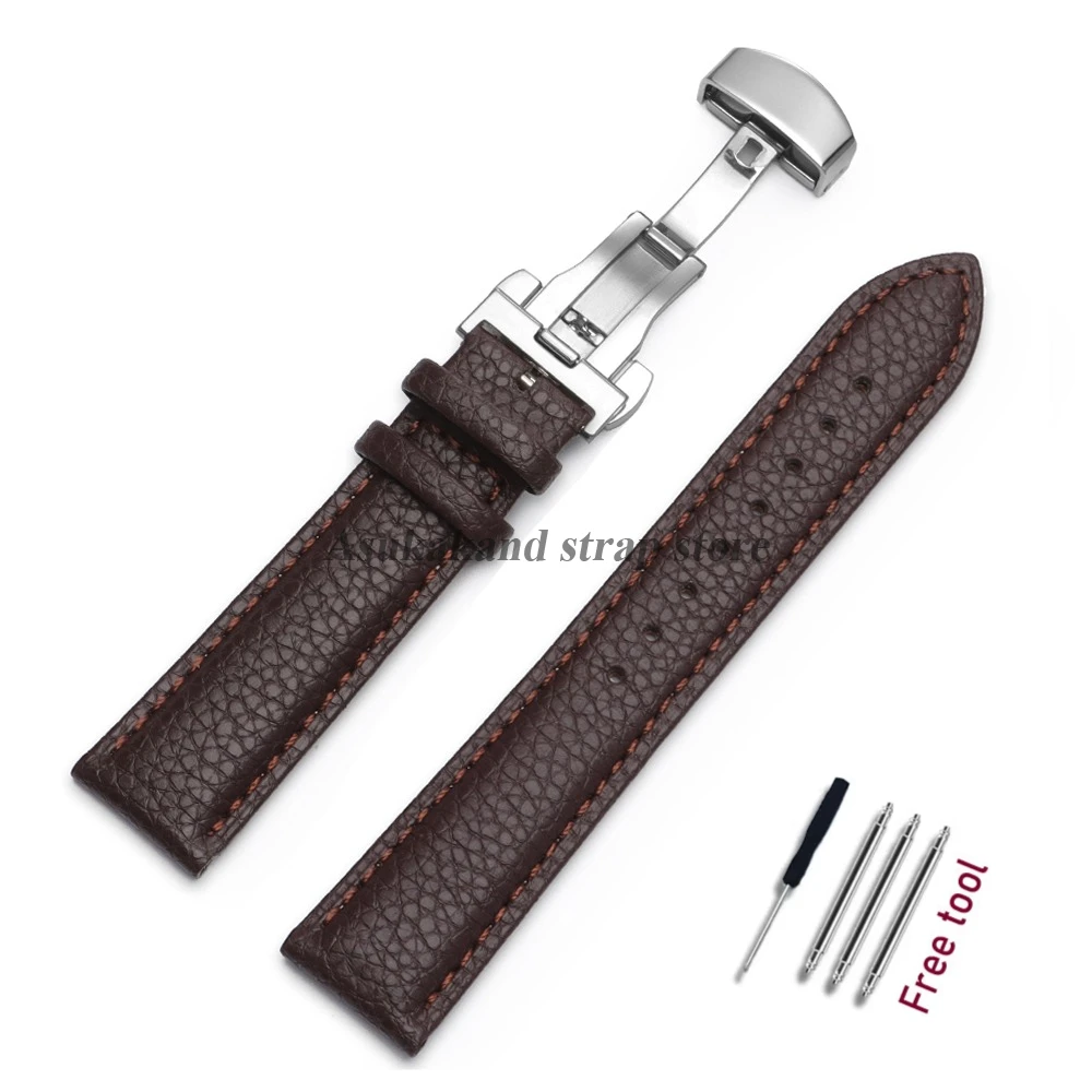 Premium Calfskin Litchi Leather Watch Strap with Butterfly Buckle