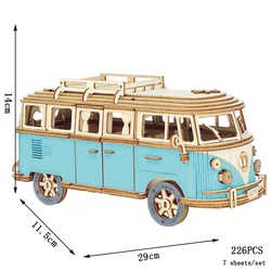 3D Wooden Retro Campervan Puzzle - European Style DIY Assembly Kit for Kids' Educational Play and Home Décor (Blue Campervan)