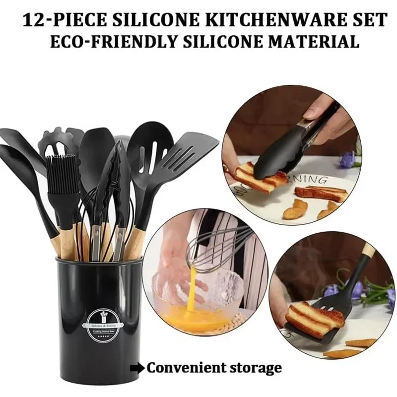 Premium 12-Piece Silicone Cooking Utensil Set with Wooden Handles and Holder – Heat-Resistant Kitchen Essentials