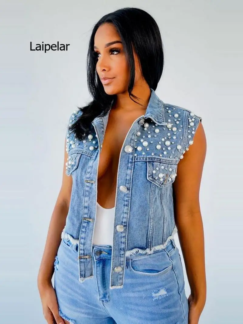 

Pearl Beaed Diamond Short Denim Vest Women New Summer Autumn Rippes Holes Cropped Sleeveless Jean Jacket Waistcoat