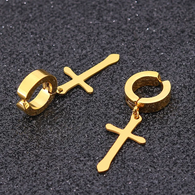 Fashion Titanium Steel Cross Ear Clip Earrings For Men Women Stainless Steel Punk Black Single Earring Fake Earrings Jewelry 4