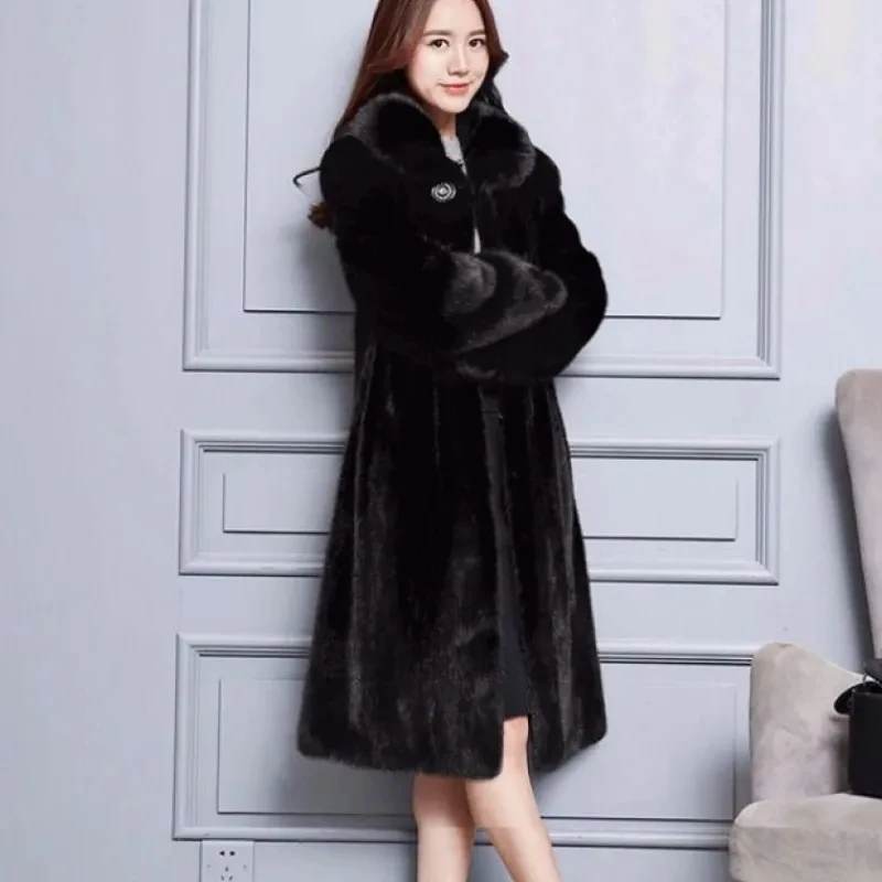 Fashion Fur Coat Female New  Female Middle-aged And Elderly Winter Large Size Hooded Temperament Imitation Mink Velvet Long Coat