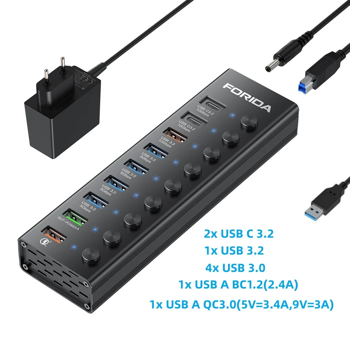 Ultra-Fast Aluminum USB 3.0 Hub with LED Light and Power Adapter