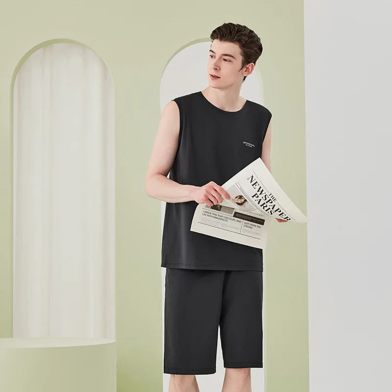 2 Pieces Set Shorts Nightwear Casual Sleepwear Mens Sleeveless Pajamas Set Cotton Cool Boy Homewear Can Be Worn Outside