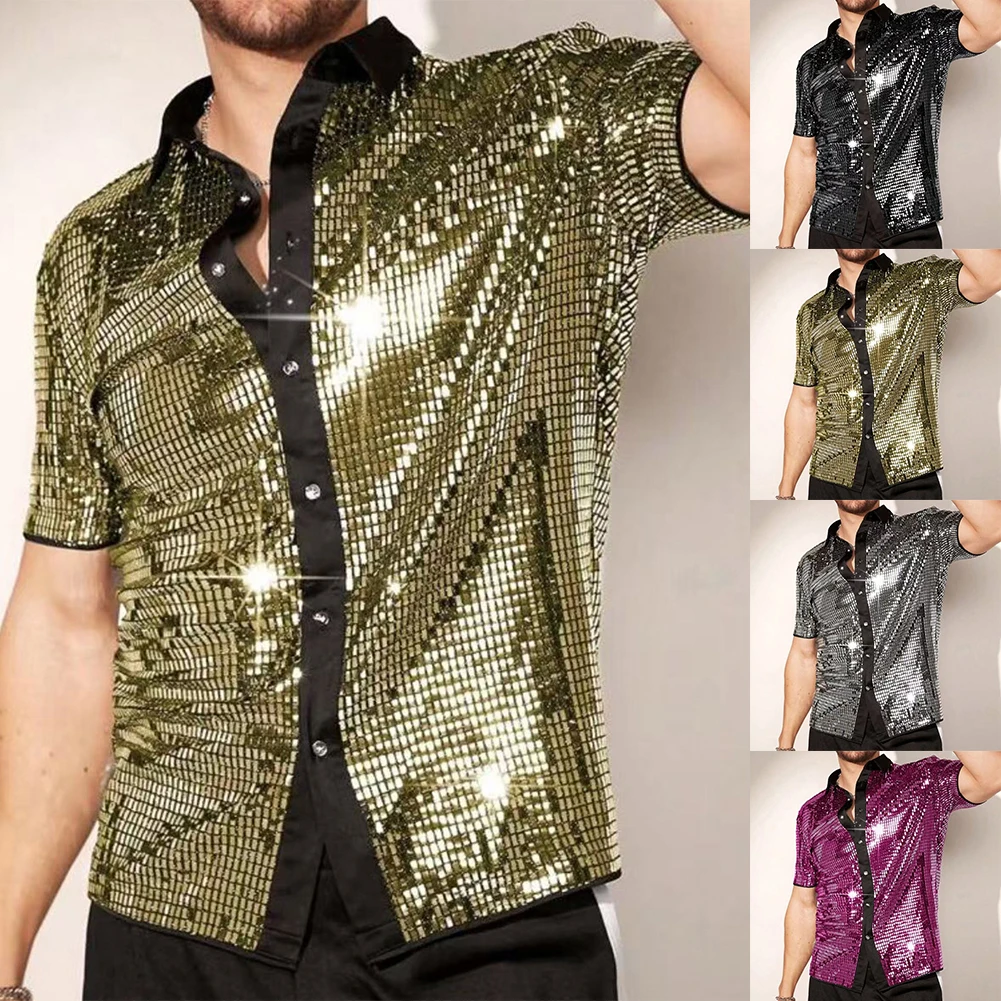 Herren Vintage 70er Disco Club Hemd Glänzende Pailletten Kurzarm Button-Down-Hemd – Detail 1