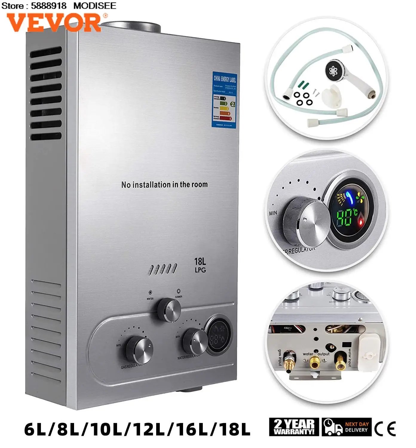 Vevor 6L/8L/10L/12L/16L/18L Gpl Propano Gas Scaldabagno Istantaneo Caldaia Acciaio Inossidabile Esterno