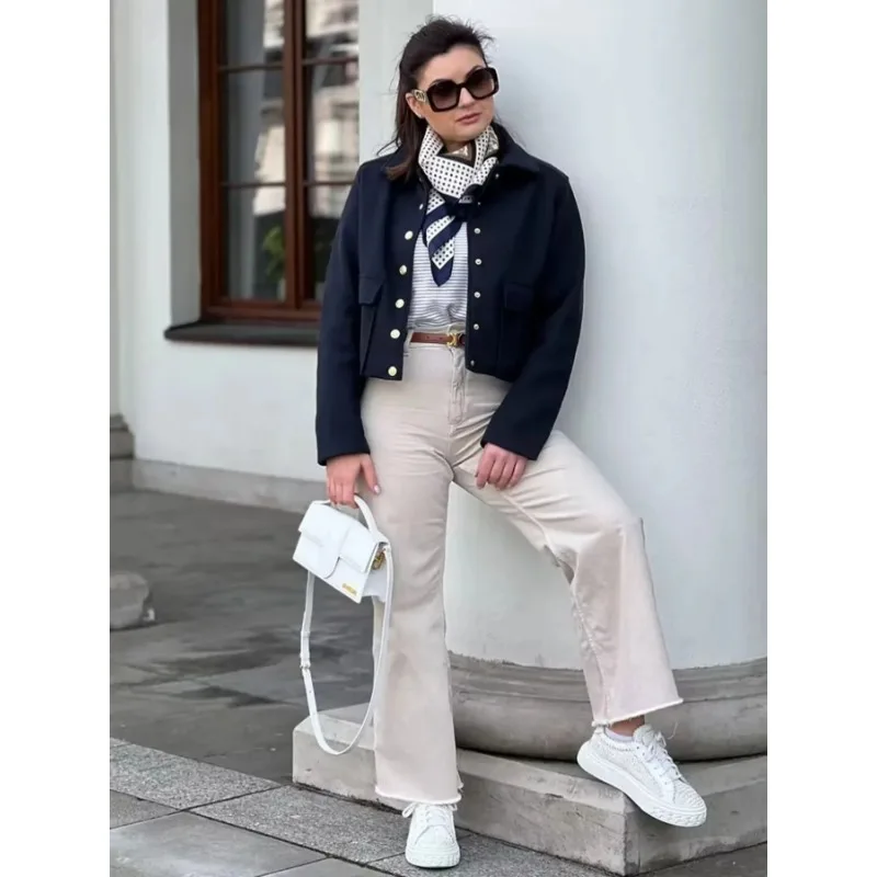TRAF Women's Aviator Black Jacket Wool & Blends Coats Cropped Bomber Jacket  Autumn Winter Demi-season Crop Jacket Outerwears 3