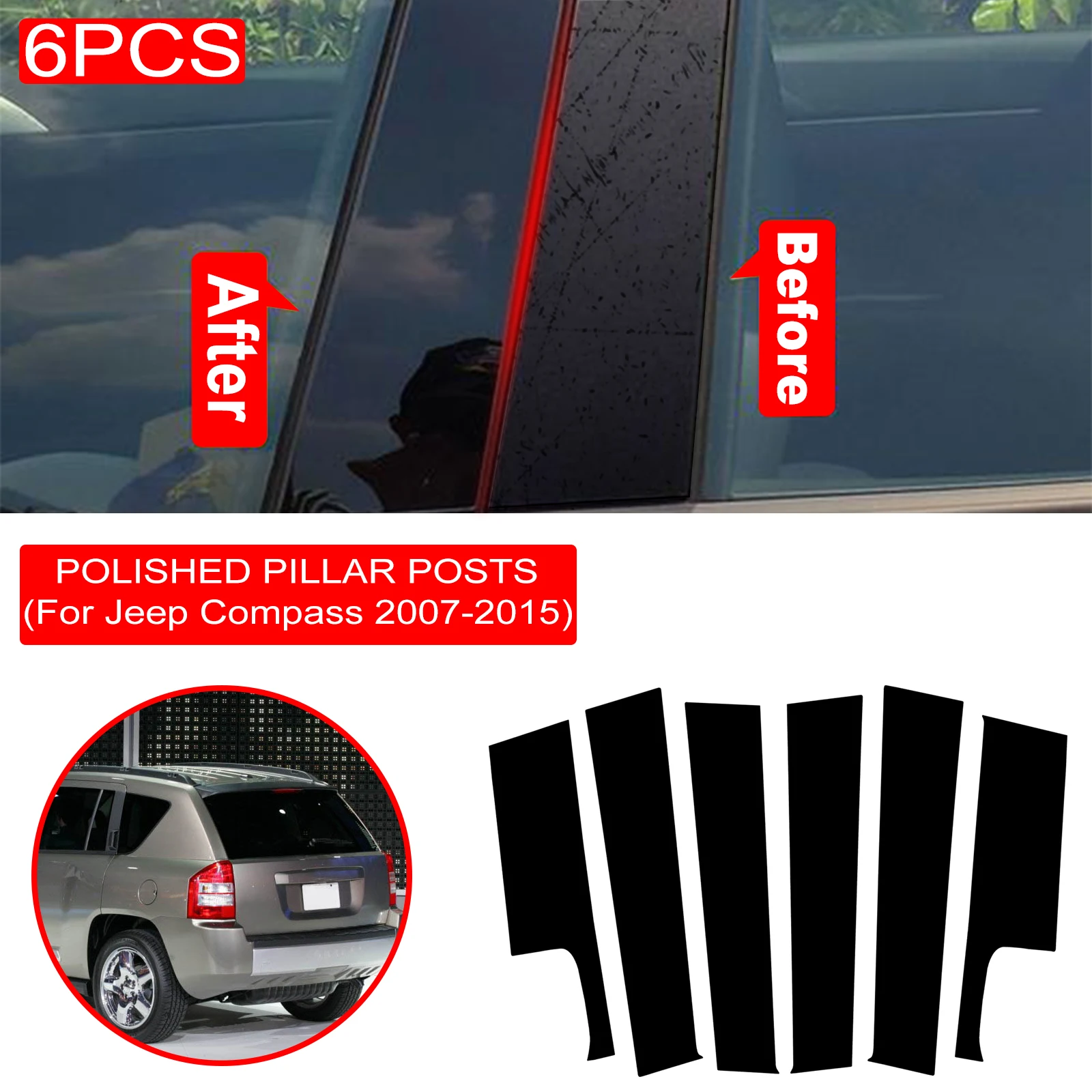 Polished Pillar Posts 6PCS For Jeep Compass 2007-2015 Car Window Trim Cover BC Column Sticker Acess&oacute;rio Para Carro car window stickers,window door cover trim,car window trim stickers,car window trim