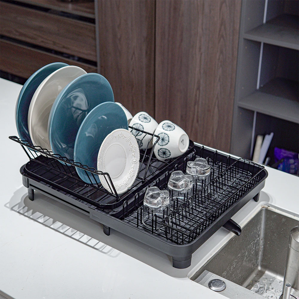 Voltsify Retractable Single Layer Carbon Steel Dish Drainer, Non-Slip Feet Countertop Tableware Drying Rack