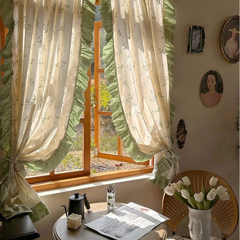 Idyllic French Retro Flowers Door Curtains Cloth for Living Room Green Warp Ruffled Cotton and Linen Curtains for Kitchen #A401 6