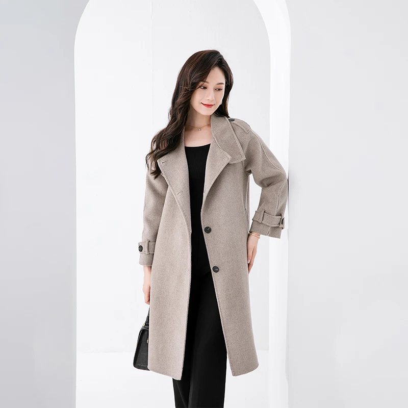 

Autumn And Winter New Retro Loose Collar High-End Double-Sided Woolen Coat Women's Wool Long Woolen Coat