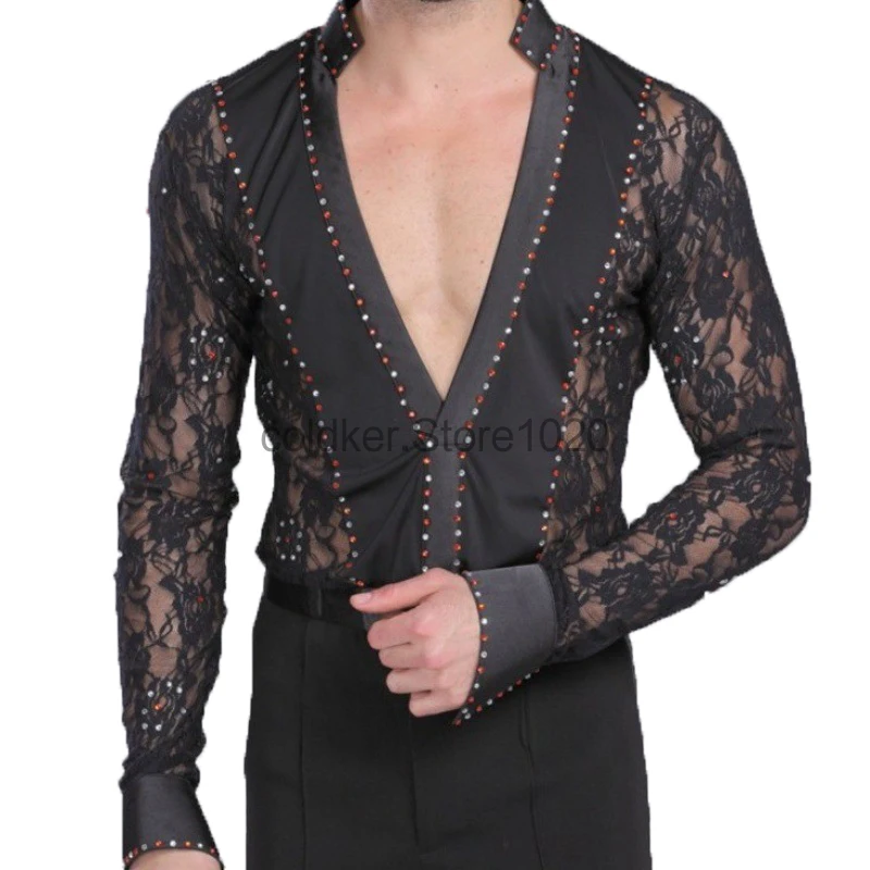Men's Latin Dance Costume Black White Hollow Lace Leotard Bodysuit Cha-Cha Tango Rumba Dance Performance Shirt For Male dance dress,dance shirts,dance bodysuit