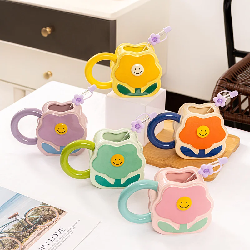 

Creative Flower Shaped Ceramic Cup Girls' Office Coffee Mug Children's Home Breakfast Straw Couple Cup