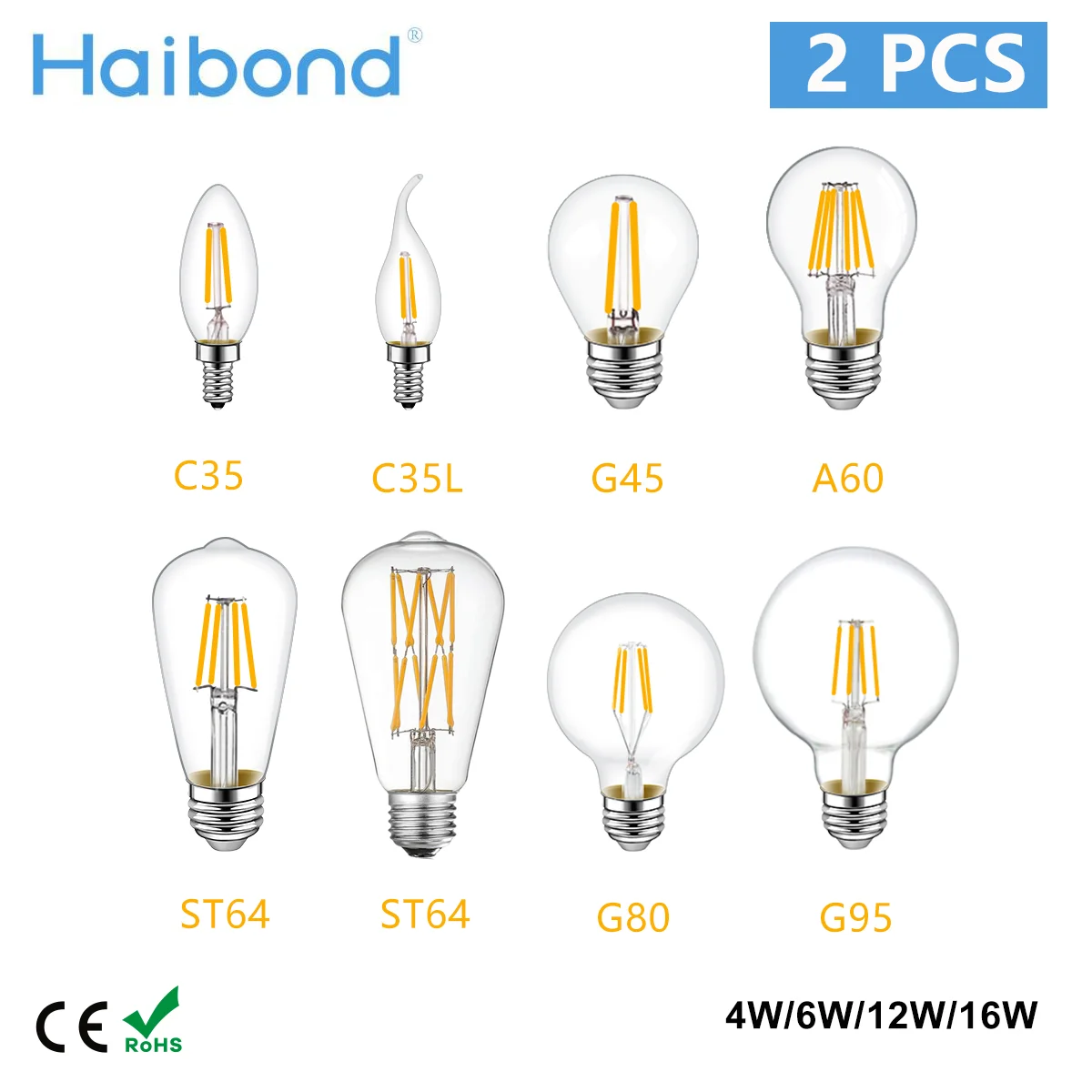 

2PCS C35 4W 6W 8W LED Filament Bulb E14 E27 Retro Edison Lamps A19 ST64 G45 G80 G95 Vintage Decoration Led Lighting