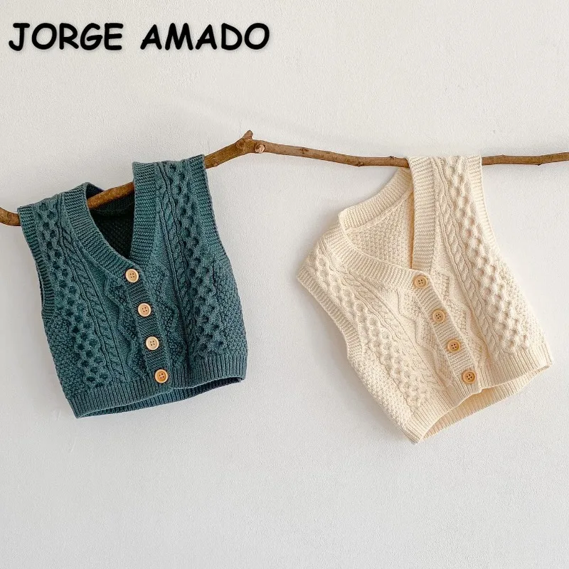 New Spring Autumn Baby Boy Girl Knitted Waistcoats Solid V-neck Open Stitch Sleeveless Sweaters Vest Newborn Clothes E83031