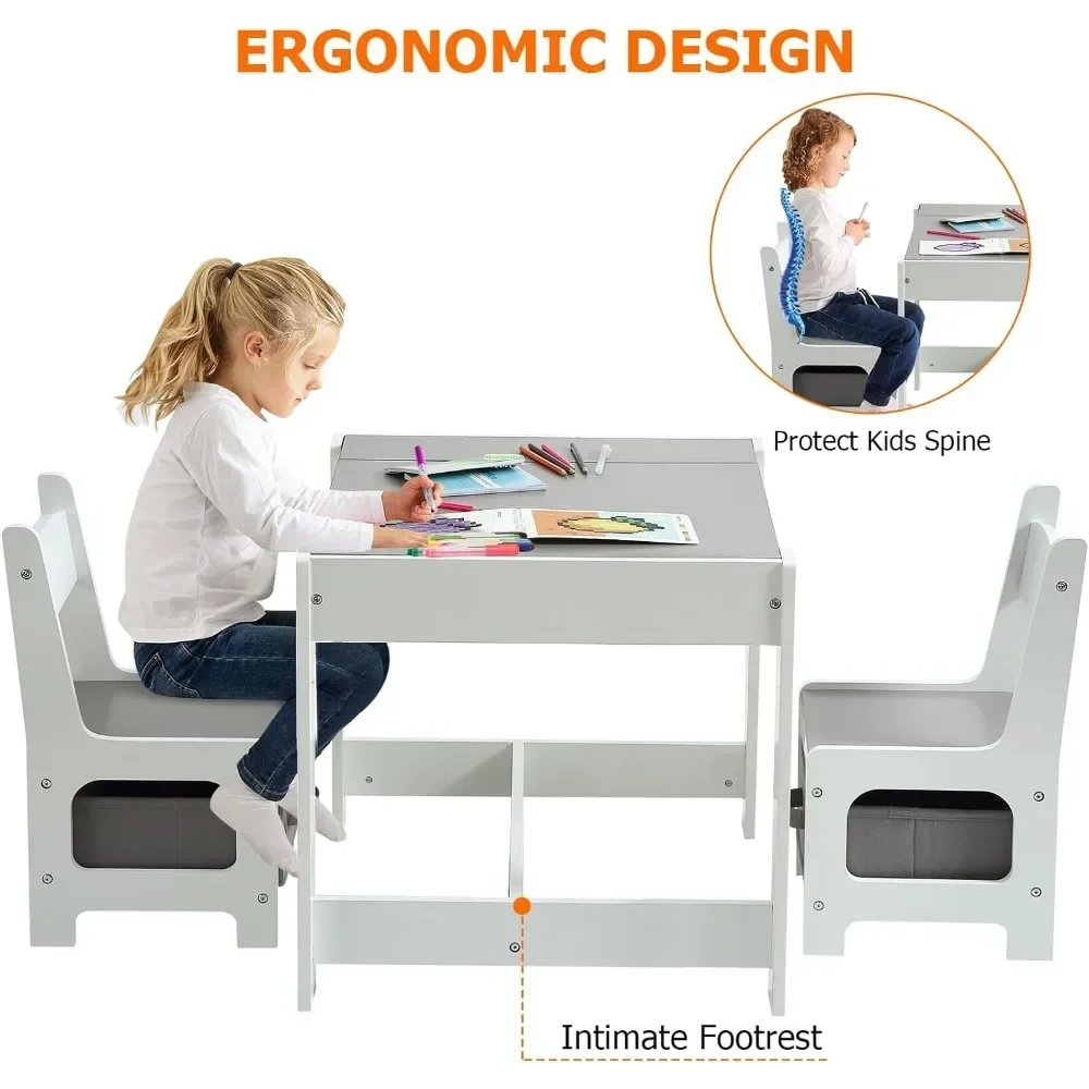 Kids table set, 3-in-1 kids activity table with storage, detachable tabletop, chalkboard, 3-piece toddler furniture set