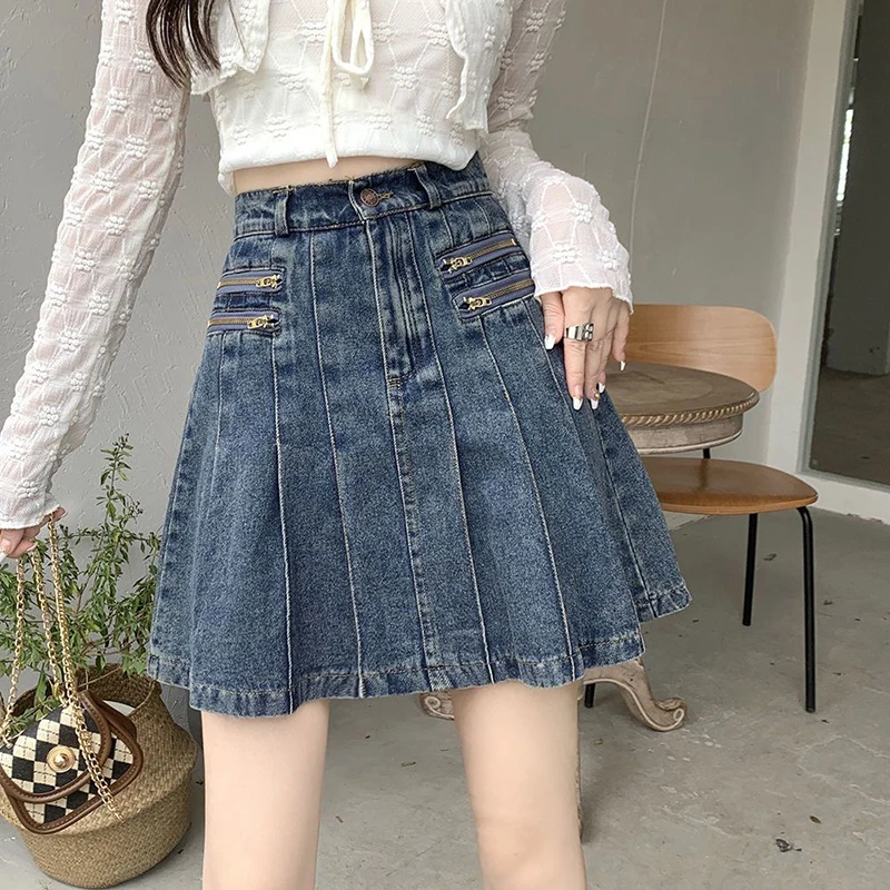 

Zoki 4Xl Vintage Denim Pleated Skirt Women Summer Loose Korean Preppy High Waist Jeans Skirt Harajuku Streetwear Sexy Mini Skirt