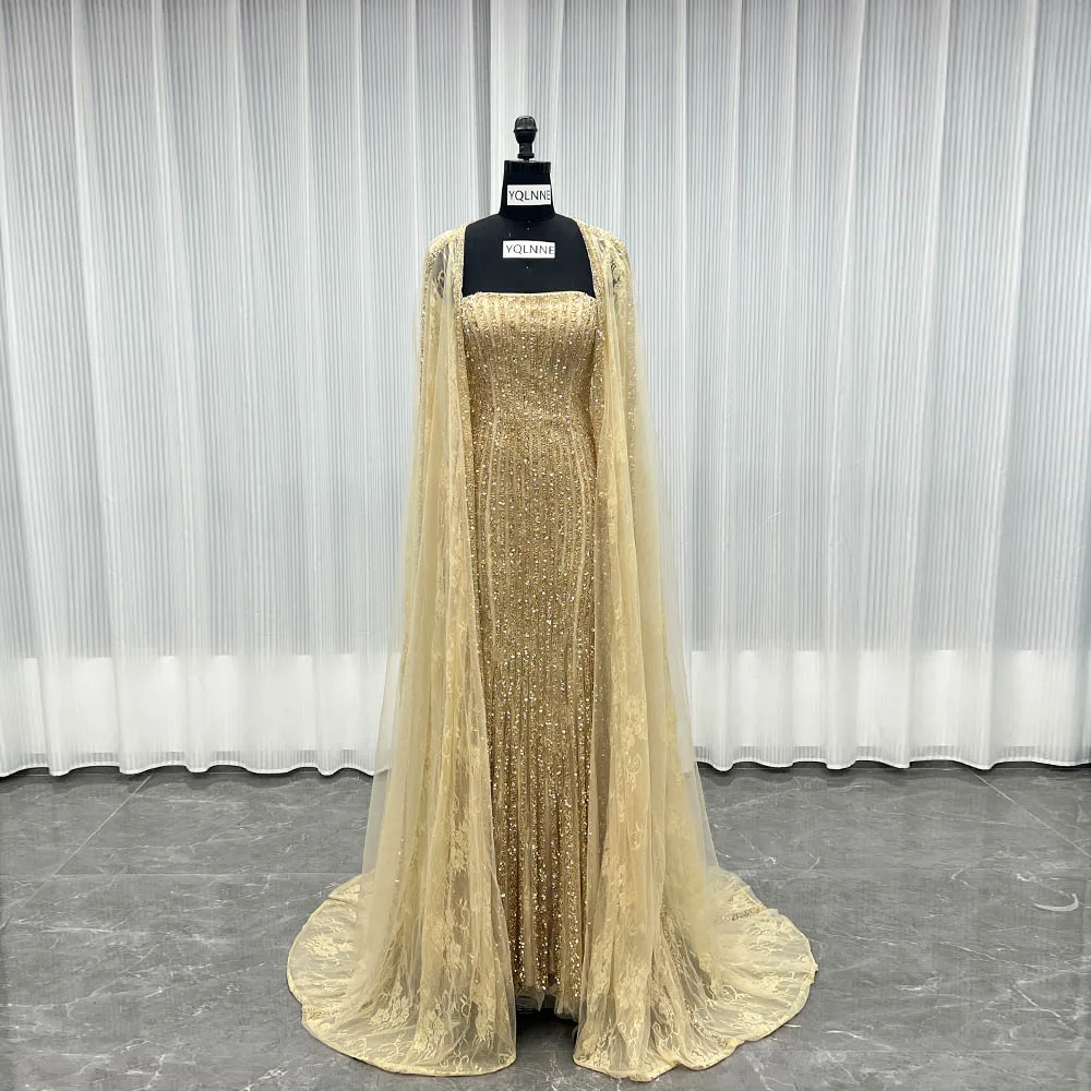 Champagne Gold Crystals Evening Dresses With Shawl Lace Beaded Formal Gown  | eBay