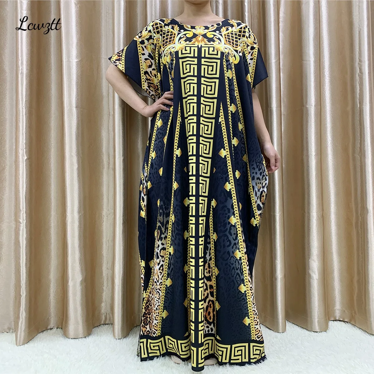 Fashion New Style Flower Sleeve African Dashiki Floral Print Waist Belt Cotton Caftan Lady Summer Maxi Casual Dresses Vestidos