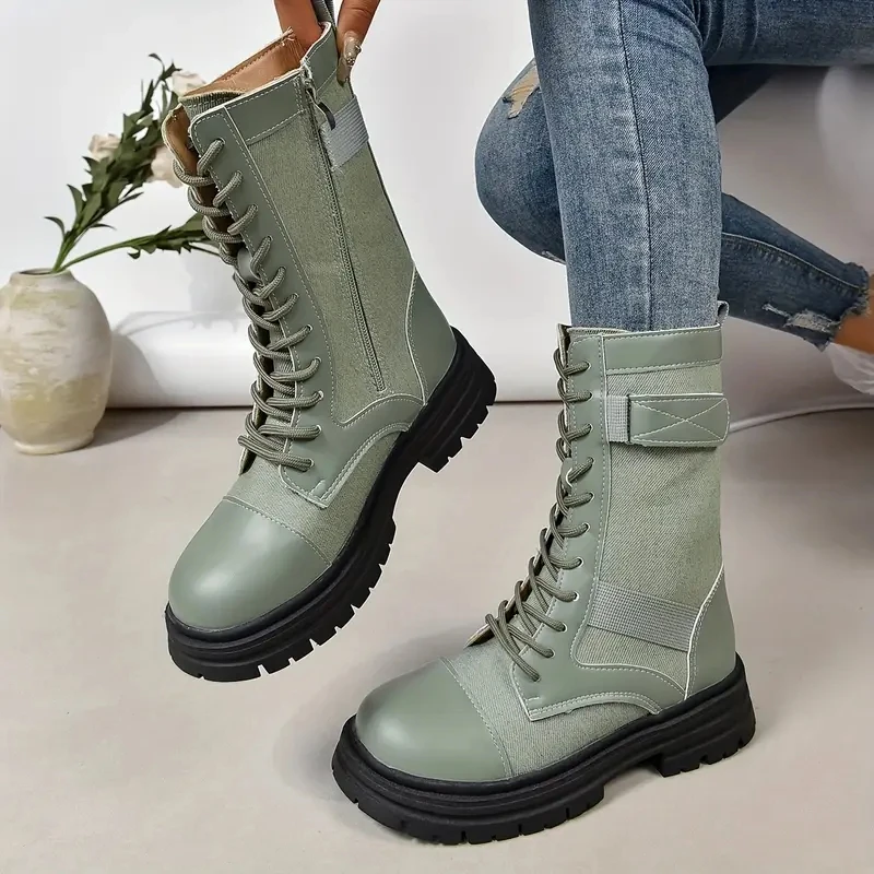 Aphixta Retro Lace Up Women Boots Side Zip Modern Boots Women Boots Blue 4CM Square Heel Lady Footwear Shoes botas mujer botines
