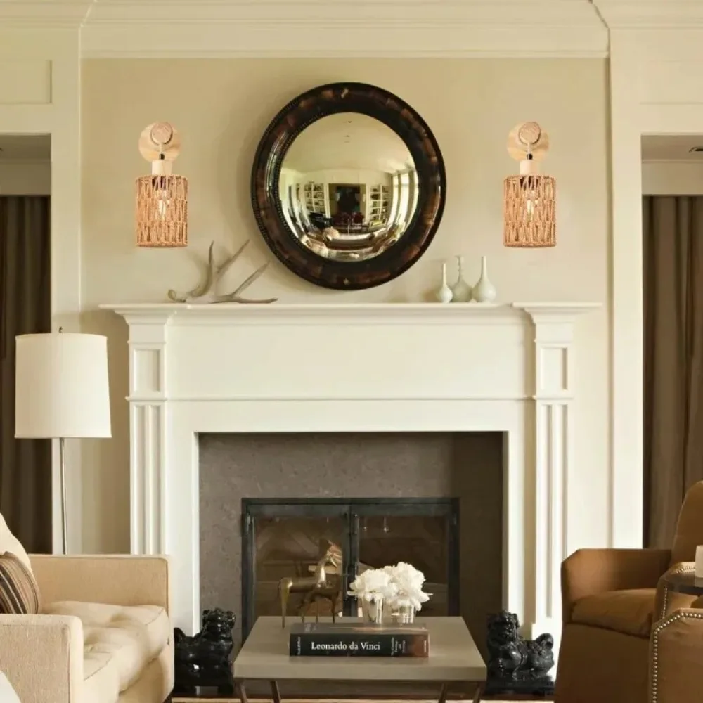 1/2/5Pcs Hemp Rope Design Bedhead Wall Lamp Cylindrical Shaped Wall Light Bedroom Farmhouse Countryside Decor Lighting Lampshade