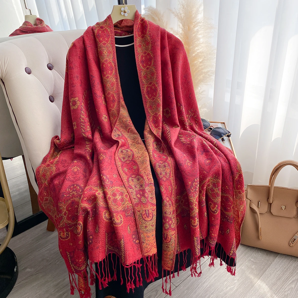 Winter Women's Faux Cashmere Plaid Scarf - Thick Tasseled Printed Pashmina Shawl Wrap, Cozy Neckerchief & Bandana