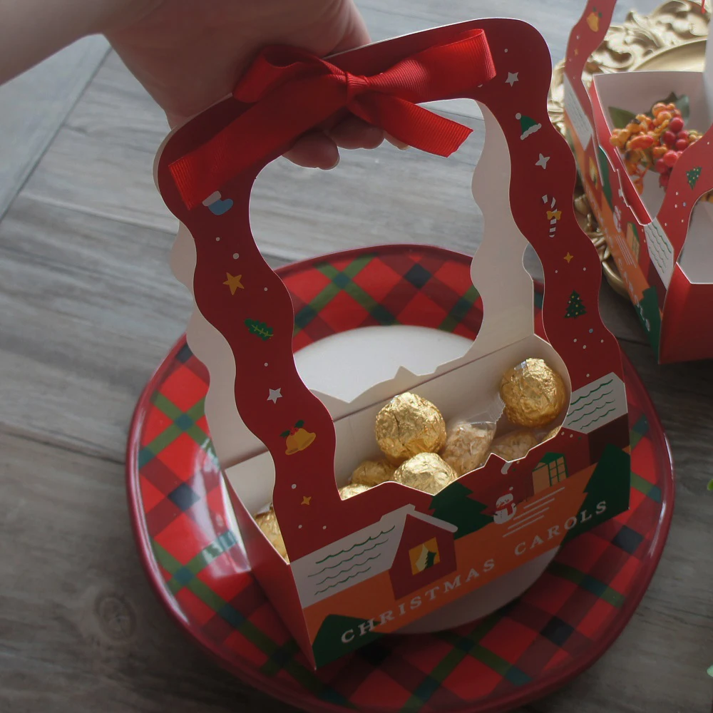 

12pcs Merry Christmas Santa Red Basket Paper Box with Handle Ribbon As Candy DIY Packaging Gifts Party Favors Decoration Use