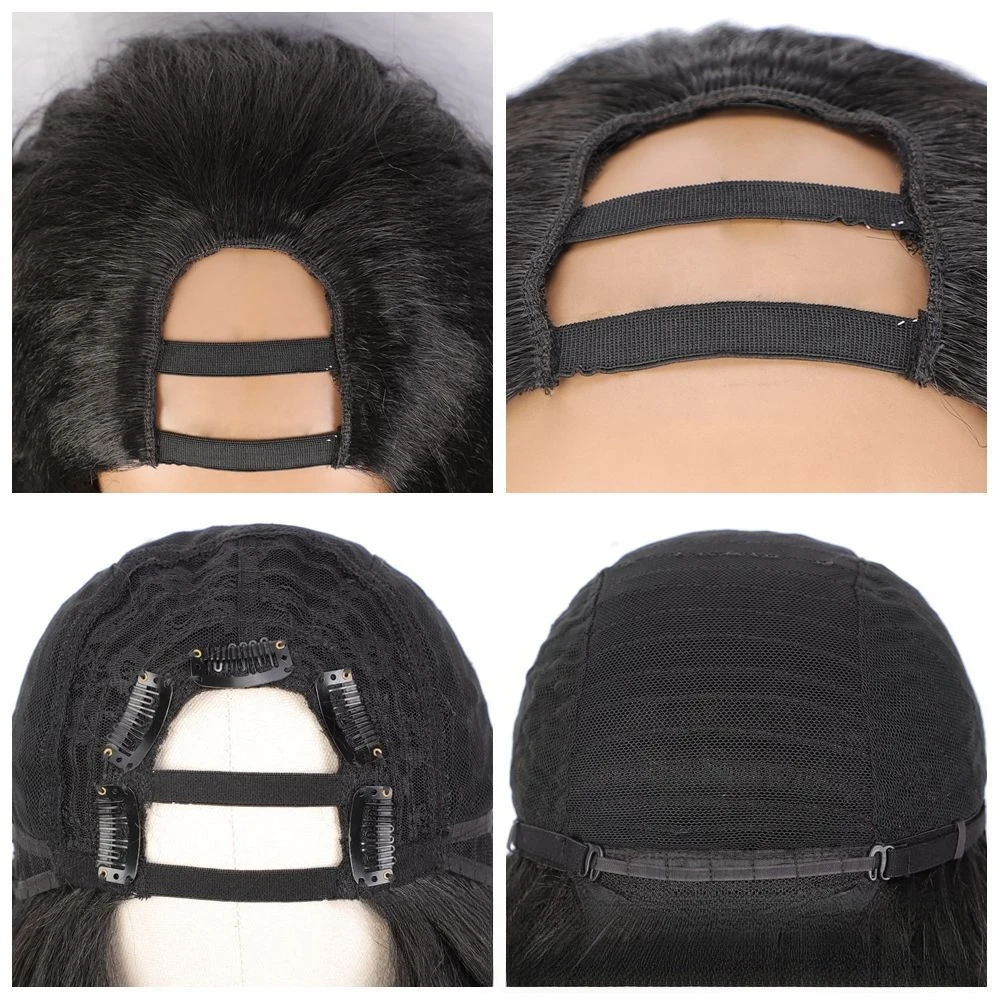 블랙 컬러 아프로 롱 야키 곱슬 합성 가발 여성용 U-파트 헤어 18인치 풍성하고 탄력 있는 헤어 노리브아웃 클립인 하프 가발