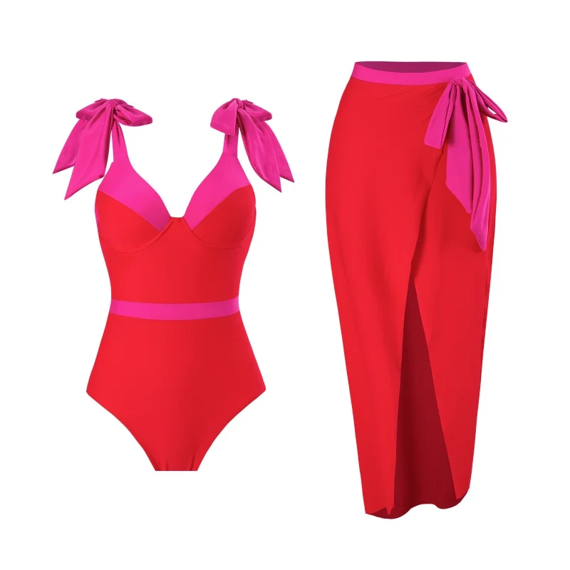 2024New Solid Color One-Piece Women's Swimsuit Set French Hot Spring Belly Covering Slimming Swimsuit Wholesale