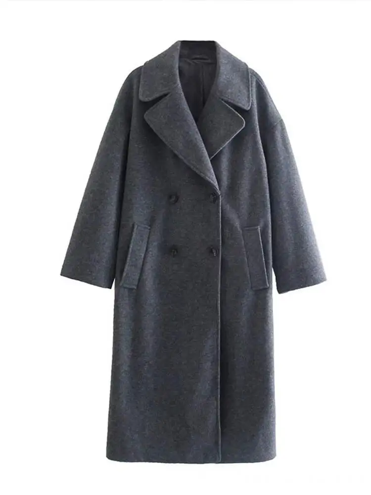 Women Double Breasted Woolen Coat Lapel Collar Long Sleeves Solid Long Wool Coat Winte Fashion Warm Loose Woolen Overcoat