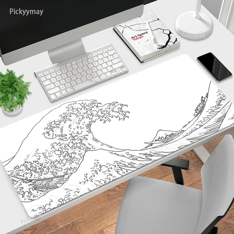 Grande Mousepad Japão Grande Onda Mousepads Tapete de Teclado Deskpad Computador hd Tapetes de Mesa Empresa Tapete de Rato Branco Minimalista