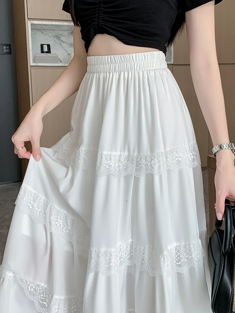 Midi Long Skirt Women White Skirt 2024 Mori Girl Style Sweet