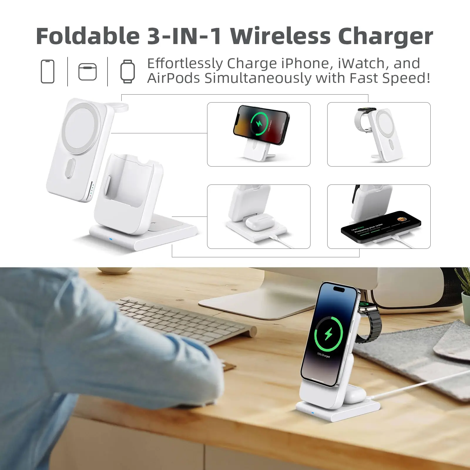3 in 1 Wireless Charger Station Foldable Stand for MagSafe,Portable Magnetic Power Bank for Apple Watch iPhone 16/15/14/13/12 2