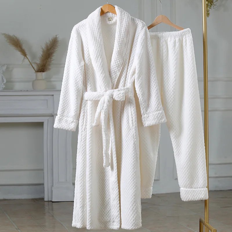 

2024 Winter New Warm Pajamas Women And Men Lapel Long Robe Pant Home Wear Set Flannel Sleepwear Couple Comfy Lounge Bathrobe