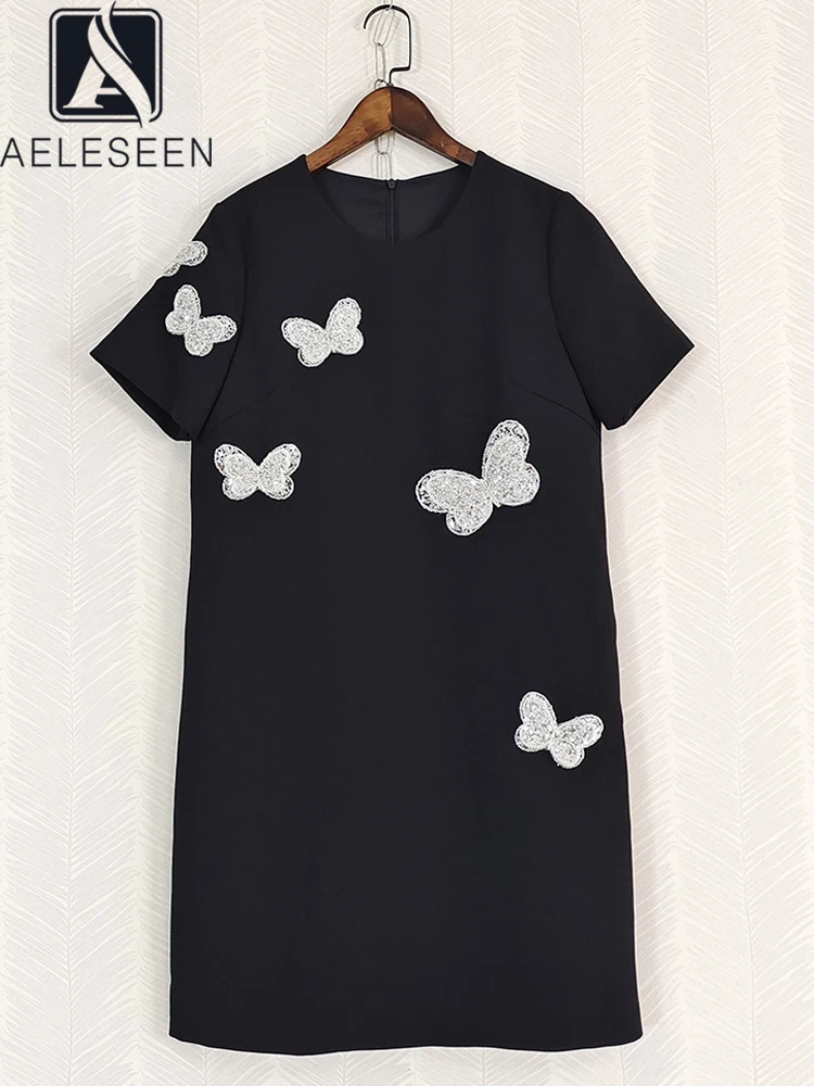 

AELESEEN Designer Fashion Mini Dress Women High Street Black Beaige Luxury Beading Sequined Butterfly Embroidery Temperamet