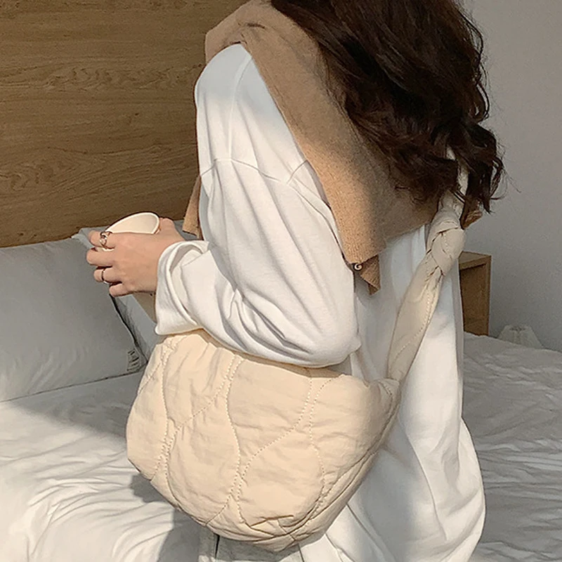 

Retro Nylon Quilting Handbag Women Knot Padded Big Tote Casual Shoulder Crossbody Bag Ladies Winter Dumplings Bags Shopper Bags