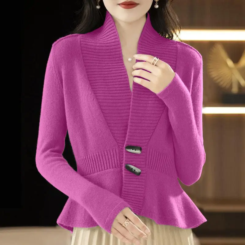 Elegant V-Neck Button Spliced Ruffles Shirts Women's Clothing 2023 Autumn Winter Loose Knitted Korean Tops Office Lady Blouses